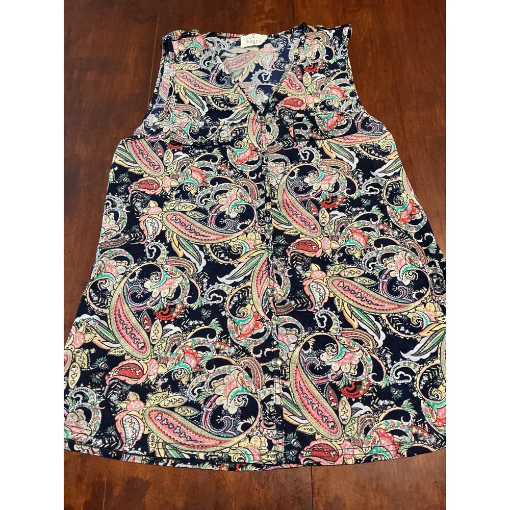 Ember Paisley Sleeveless Button Down Blouse Navy Multi Color ST6756 Medium